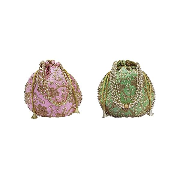 Potli bag (Pack of 2 Potli) Baby Pink and Parrot Green Matka Designer handbags for Women wedding party and Return gift potli bags for party accessories .Outer Golden Embroidered Design