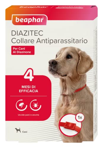 Beaphar Diazitec Collare Antiparassitario per Cane, 4 Mesi di Trattamento Efficace contro Pulci e Zecche, Resistente all'Acqua, con Diazinone, Rosso