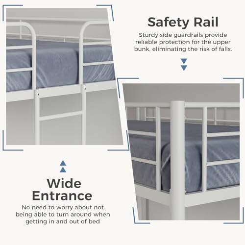 Image of DUMOS Metal Bunk Bed Frame Twin Over Twin Size with Ladder and Guardrail, Sturdy Heavy Duty Slats Support Bed, Space Saving, No Box Spring Needed, White