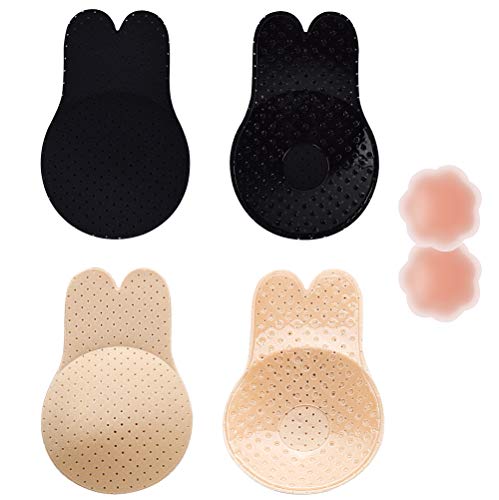 Raylarnia 2 Pairs Adhesive Bra, Strapless Invisible Push Up Sticky Bra Silicone Bras?Pasties Nipple Covers for Women (C/D Cup) Beige