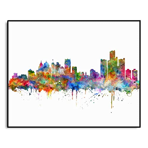 Detroit Skyline Watercolor Art Print Wall Decor Detroit City Building Skyline Wall Artwork Living Room Decor Love Detroit Gift 8x10 inch No Frame