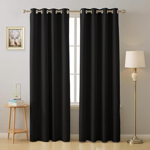 Image of HUTI Home 100% Blackout Door Curtain | Heavy Solid Polyester Eyelet Curtain for Complete Darkness | Black | 7 Feet | Set of 2