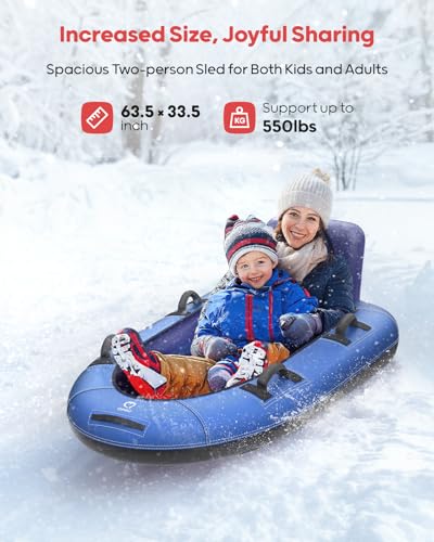 Image of QPAU Snow Sled with Premium Canvas Cover, 2 Person Inflatable Heavy Duty Snow Tube with Reinforced Handles, Snow Sleds for Kids and Adults, Winter Toboggan Outdoor Toys Gifts for Family