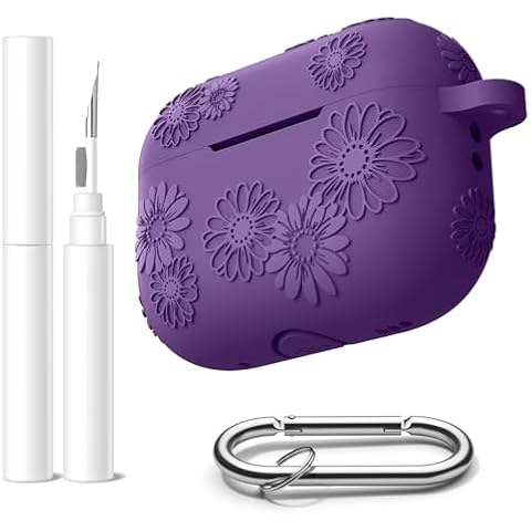 Adorve for AirPods Pro 2nd Generation Case - Embossed Sunflower Silicone Cover, Shockproof AirPod Pro 2 Case with Carabiner & Cleaning Pen, Wireless Charging for AirPods Pro 2nd & 1st Gen Case, Purple Cover