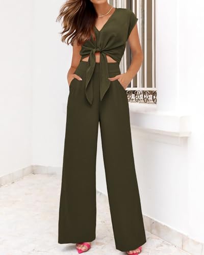 Image of PRETTYGARDEN Women's Summer 2 Piece Outfits 2026 Cap Sleeve V Neck Belted Crop Tops Wide Leg Pant Sets Casual Tracksuit