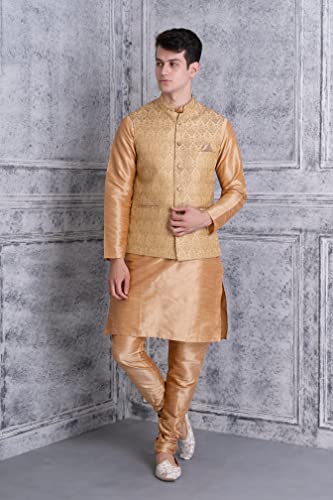 Image of Uri and MacKenzie Men's Silk Blend Regular Kurta Churidar Pyjama with Bundi Nehru Jacket /Waistcoat