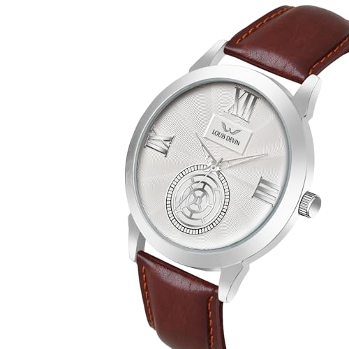 Image of LOUIS DEVIN Black /Blue /Brown /Green Leather Strap Analog Wrist Watch for Men (Black /Blue /Brown /Green /White Dial) | LD-GR079