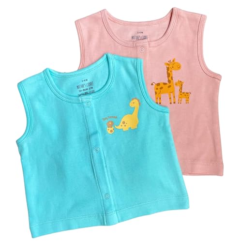 NATURE’S CUDDLE 100% Organic Cotton Newborn Baby Boy & Baby Girl Sleeveless Jabla/Top Set of 2 – Comfortable & Breathable Summer Outfits – Nickel-Free Snap Buttons 3-6 Months