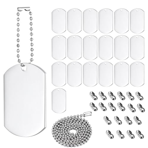 Sctmda Colgante Etiqueta 20 Piezas en Blanco de Estampación de Aluminio Militar Ejército Perro Collar Rectángula con Cadena de Bolas para Bricolaje