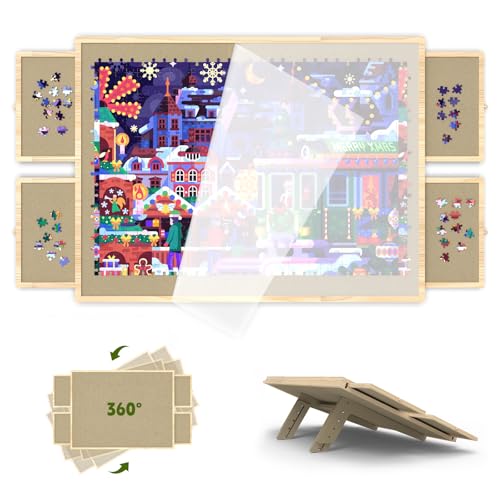 Jigsaw Puzzle Board 1500 Pieces, 2-in-1 Tilting and Rotating Puzzle Board with Drawers and Cover, Wooden Portable Puzzle Board for Adults, Board Game Table for All Ages