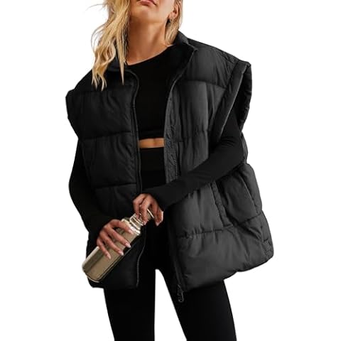 ReachMe Womens Oversized Puffer Vests Stand Collar Puffy Vest Tops Cap Sleeve Quilted Jacket Winter Coats with Pockets (Black,M) Cover