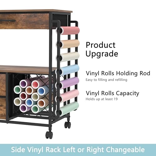 Image of VENNQD Storage Cart Compatible with Cricut Machines Stand Cutting Machine Stand with Drawers and Vinyl Roll Holder Rolling Craft Cabinet Table for Cricut Craft Workstation (Rustic Brown)