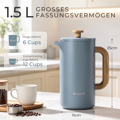 ecooe French Press Kaffeepresse 1,5 L Edelstahl Ddoppelwandig – Ansicht 2