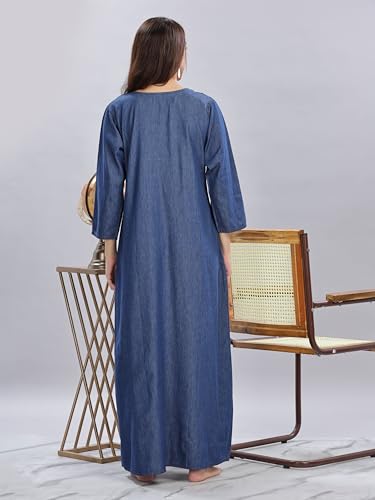 Image of 9shines Label Comfortable Cotton Denim Finish Nightdress for Women with Button Placket and Pocket(9SDLSS)