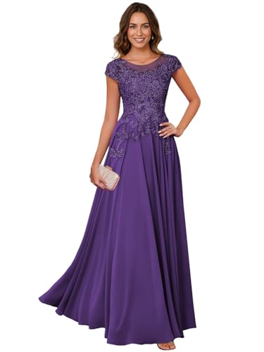 Image of Lace Applique Chiffon Mother of Bride Dresses - Short Sleeve Pleated Long Mother of The Groom Dress