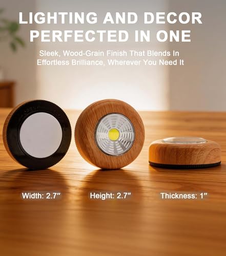 Image of Small Push Light, 6 Pack Under Cabinet Lights Battery Powered, Wood Look LED Touch Light, Wireless Puck Lights Stick On for Kitchen, Wardrobe, Closet