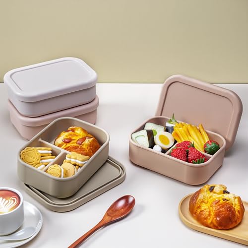 Image of Honeydak 4 Pcs Silicone Bento Box, 3 Compartment Lunch Food Container for Women Men, Leak Proof Microwave Easy to Clean Dishwasher Freezer Safe (Bohemian Color)