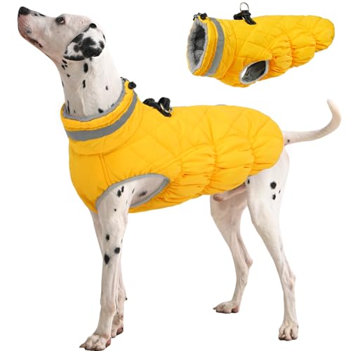 Image of FUAMEY Dog Winter Coat Fleece Warm Large Dog Coat with Harness Built in | Dogs Cold Weather Fleece Coats Zip up Reflective Dog Winter Vest Windproof Water Resistant Snow Coats Yellow L