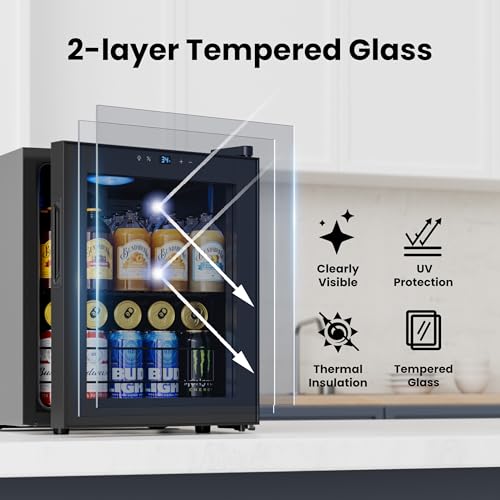Image of Yeego Beverage Refrigerator, 65 Can Mini Fridge with Glass Door, Digital Temperature Control 34F-54F, Countertop Drink Cooler for Soda, Beer and Wine, Black