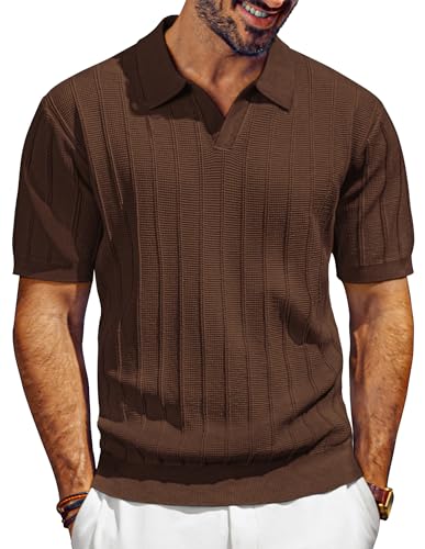 PJ PAUL JONES Mens Short Sleeve Polo Shirts V Neck Knit Golf Polo Shirts Casual Polo T Shirts Coffee