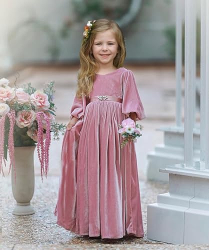 Velvet Flower Girl Dresses V Neck Pageant Dresses Long Puffy Bridesmaid Dress Christmas Party Gowns HRK142