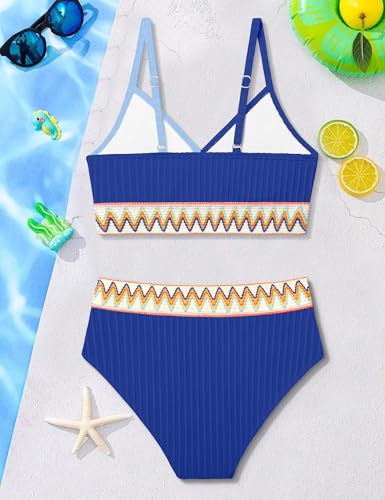 Image of DONWEN Girls Swimsuits V Neck Bikini Set Textured High Waist Girl Two Piece Bathing Suit
