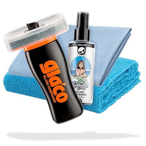 detailmate Kit de polissage pour verre idéal pour la préparation du vitrificateur: Soft99 Glaco Glass Compound Roll On 100ml + nettoyant pour vitres de voiture 100ml + chiffons en microfibre