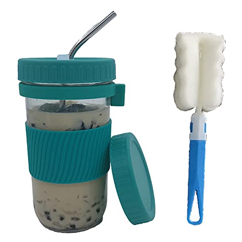 YU-HELLO 650ml Wiederverwendbare Cup Bubble Tea Cup Set Trinkflasche mit Deckelkappe & Strohhalm & Anti-Rutsch-Ring & Schwamm Reinigungsbürste Tassen und und Strohhalm Set wiederverwendbares Cover