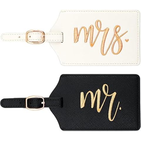 CHOIEO Mr and Mrs Luggage Tags, Bridal Shower Gift Honeymoon Gifts Wedding Gifts for Bride, PU Leather Travel Tags with Name ID Address Card (White&Black) Cover