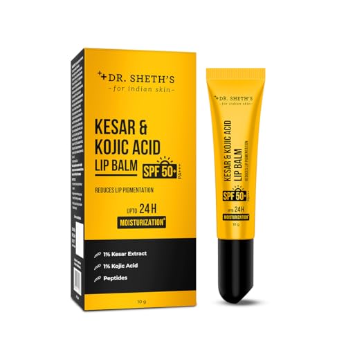 Dr. Sheth’s Kesar & Kojic Acid Lip Balm|Reduces Lip Pigmentation|SPF 50+ PA+++|24H Moisturization|Non Sticky|Lightweight|For Dark,Dry,Flaky Lips|Natural Oils & Butters|All Genders|10g,Yellow pack of 1