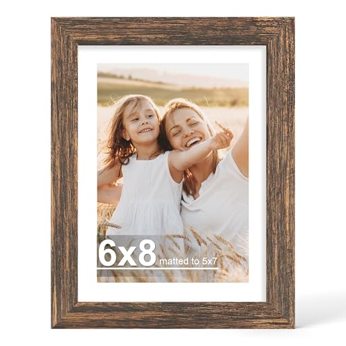 Hongkee 6x8 Picture Frame with Glass Display Pictures 5x7 with Mat or 6 x 8 without Mat - Wall and Tabletop 6 by 8 Photo Wooden Frames (Rustic Brown 1 Pack)