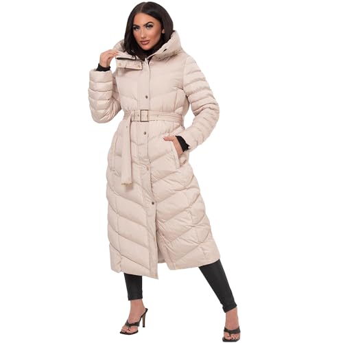 VR2 Denim Women's Beige Quilted Puffer Coat with Belt and Hood – Full Body Coverage, Perfect for Winter, Windproof and Water-Resistant, Beige Colour, Size- UK 8