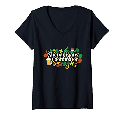 Womens Shenanigans Coordinator Funny Teacher St Patrick's Day V-Neck T-Shirt