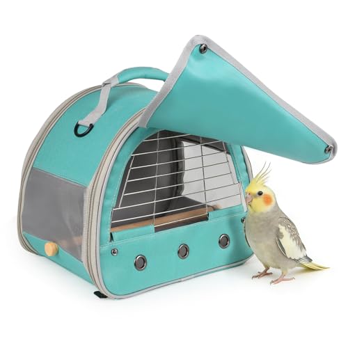 Image of Bird Travel Carrier Cage, with Stainless Steel Metal Window and Wood Perch, Portable Bag for Cockatiel Parakeet Conure Green Cheek Budgie (Green, Steel Window)