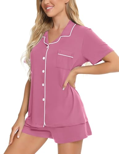 Image of SWOMOG Womens Button Down Pajamas Set Short Sleeve Sleepwear Bride Soft Pj Lounge Sets XS-3XL