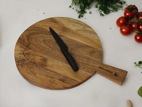 Image of Vesta Homes Wooden Round Chopping Board /Cutting Board /Serving Board, Plate for Pizza, Vegetables, Fruits and Cheese | Natural Acacia Wood | 44 x 33 x 1.5 cm | Handcrafted | Made in India
