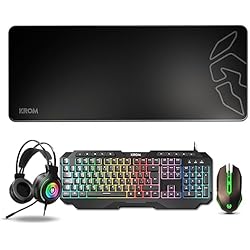Teclados Gamer Caros KROM KARRIER - Pack Gaming - Teclado membrana RGB Rainbow LED, 19 teclas Anti-Ghosting, Raton Optico 3600 dpi, Auriculares Stereo 50mm, Alfombrilla XXL Goma Antideslizante, layout, Negro