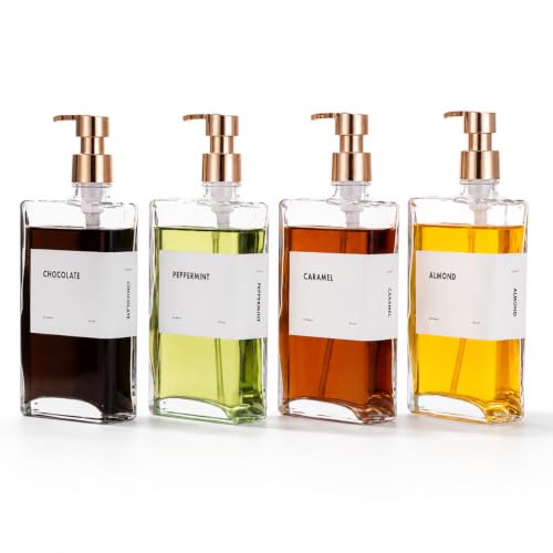 Glass Coffee Syrup Dispensers with Pumps, Syrup Bottles with Label Set - Essential Coffee Bar Accessories, 11.8 oz/350ml, Set of 4