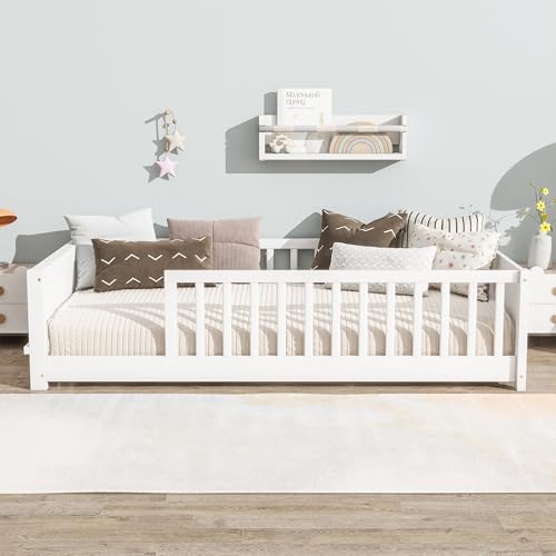 Image of Twin Size Kids Montessori Floor Bed,Twin Floor Bed Frame with Slats and Bookcase,Solid Wood Montessori Bed for Girls Boys,White