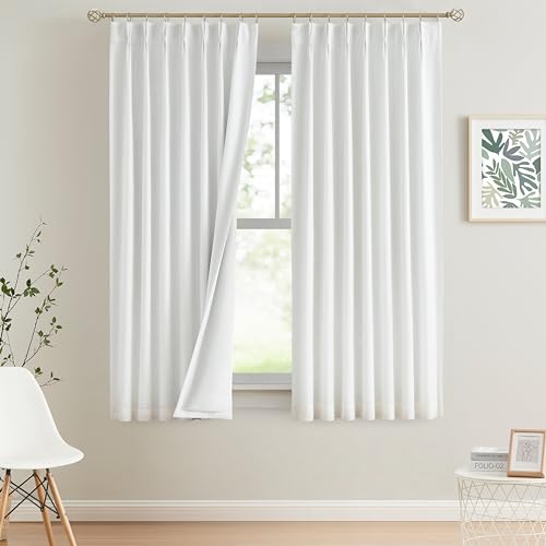 Image of Vision Home White Pinch Pleated Full Blackout Curtains Thermal Insulated Window Curtains 72 inch for Living Room Bedroom Room Darkening Pinch Pleat Drapes with Hooks Back Tab 2 Panel 40 inch Wx72 L