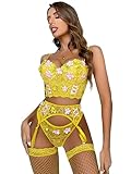 WDIRARA Women's Floral Lace Embroidered Push Up Garter Lingerie Set with Stockings Yellow S