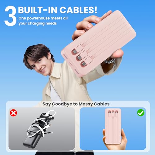 Image of Portable Charger 50800mAh Power Bank with 3 Built in Cables,25W PD QC4.0 Fast Charging USB C Battery Pack,6 Outputs 2 Inputs Travel Essentials Phone Charger for iPhone 17 /16 /15,Google,Android,Pink