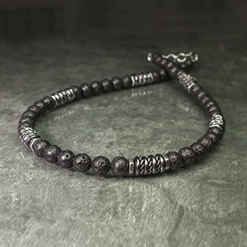 Collier Homme perles 8mm pierre naturelle Lave Volcanique noir rondelles Hématite métal INOX Style antique Fait main en France (45-50 cm expédié Amazon)