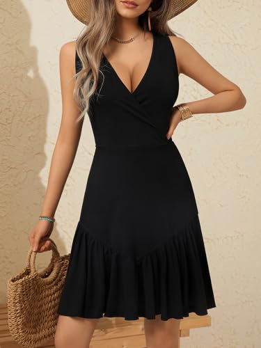 FENSACE Women's Summer Sleeveless Sexy Wrap V Neck Floral Sundress Mini Dress2