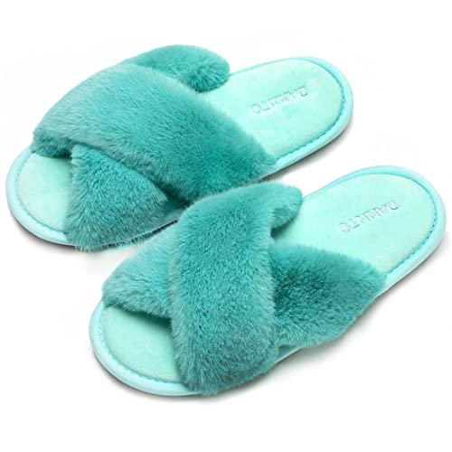 Dannto Frauen Cross Band Soft Plüsch Hausschuhe Open Toe Fuzzy Pelz Hausschuhe, Winter Herbst Hausschuhe Rutschfeste Weich Bequem Flach für Indoor Outdoor(Blau,36-37) Cover
