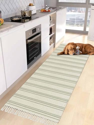 Kitchen Runner Rug 2x5 Feet, Sage Green Striped Area Rug with Tassel, Washable Woven Throw Runner Carpet, Modern Farmhouse Green Stripes Stainproof Carpet Runner for Hallways Corridor