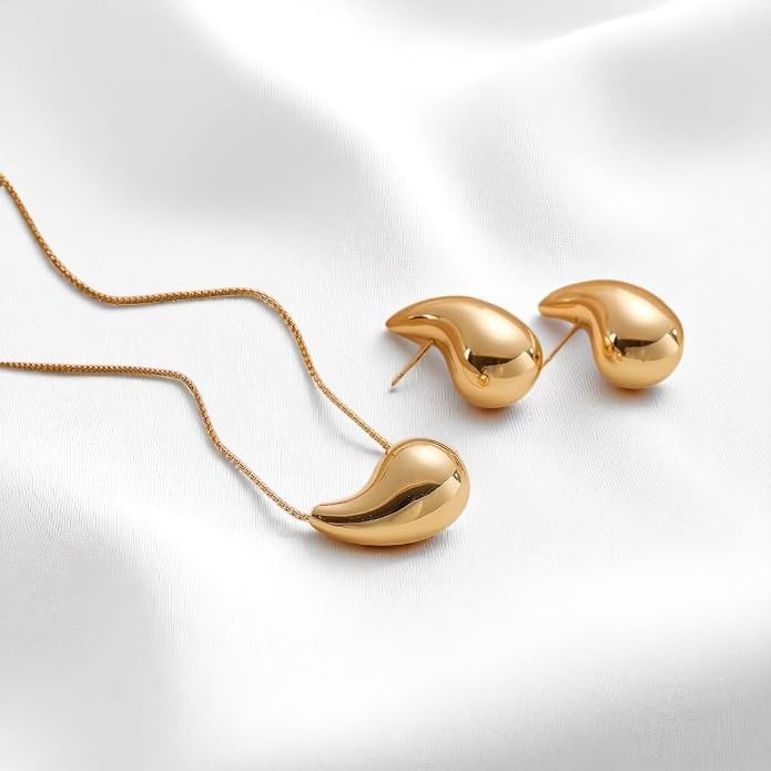 Gold-Plated Teardrop Jewelry Set, Necklace, Earrings, Ring, Bangle Bracelet, Chunky Twisted Hinged Waterdrop Set for Women, Gold-Plated Baroque Style Jewelry Set - Image 2