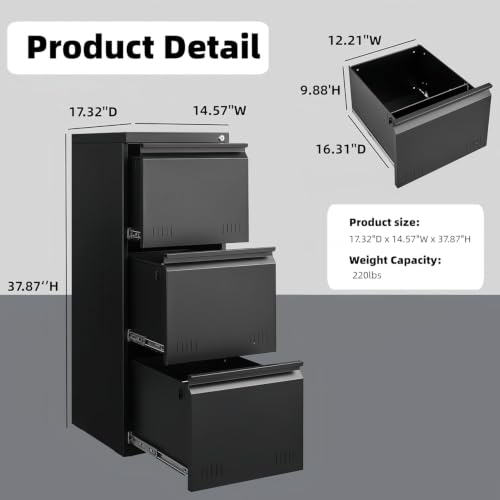 Image of Guizeeopo Metal File Cabinet with Lock, Vertical 3 Drawer File Cabinets for Home Office, Heavy Duty Office Storage Cabinet for A4 /Letter /Legal Size, Assembly Required(Black)