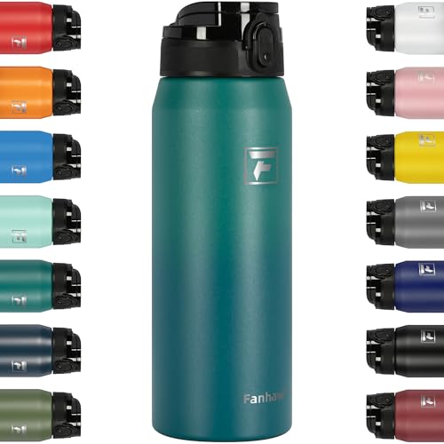Fanhaw 750ml Trinkflasche Edelstahl mit 1 Deckel (Chug Deckel) - Für Schule, Kinder, Frauen, Männer | Auslaufsicher & Schweißfest mit Anti-Staub Deckel (Grün Blau)