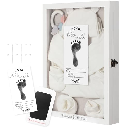 Jetec Baby Shadow Box 12x16 Large White Baby Keepsake Box with Linen Back Hello World Newborn Sign Ink Pad Wood Memory Frame Case with Glass Cover...